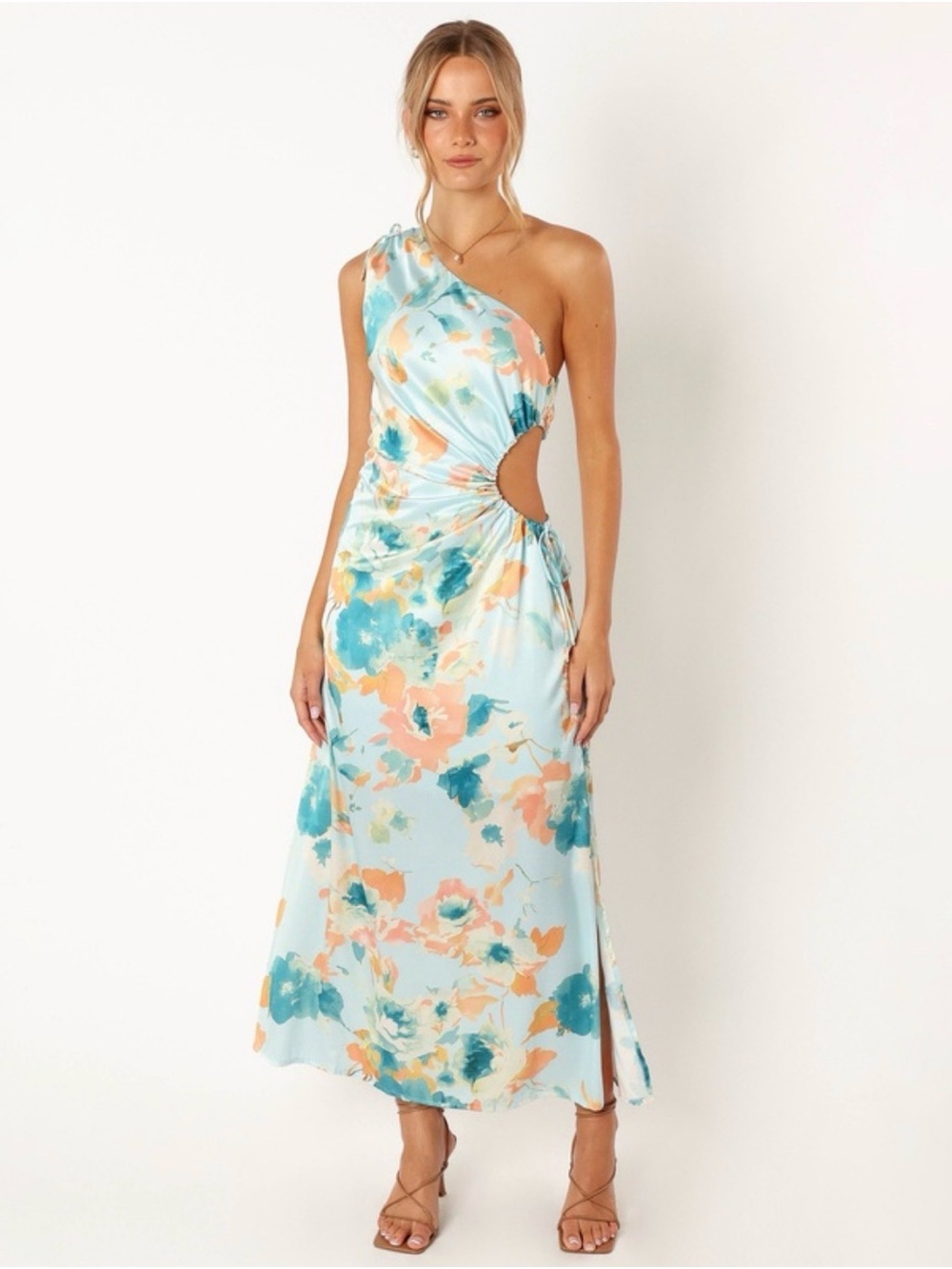 Petal & Pup Aqua Floral One-Shoulder Cutout Maxi Dress